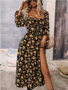 Floral bohemian midi dress featuring square neck with drawstring and high side slit detail