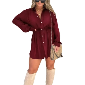 Women's burgundy long sleeve button-down shirt dress with waist drawstring tie