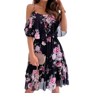 Floral chiffon off-shoulder dress with ruffle trim and pink flower print on black base