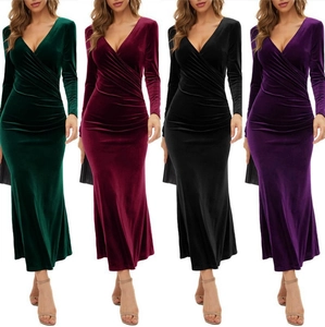 Elegant Velvet V Neck Ruched Mermaid Maxi Dress Long Sleeve Slim Fit Evening Gown For Women Wedding Party Guest