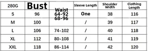 Detailed size chart for V-neck printed dress showing bust, waist, and length measurements