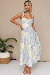 Blumen-Midikleid mit V-Ausschnitt, Schleifenträgern und gerafftem Oberteil