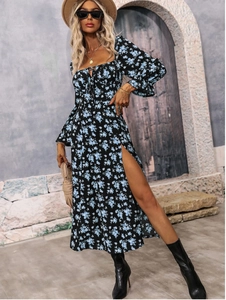 Detail of bohemian long sleeve floral dress with square neck and lace-up chest design
