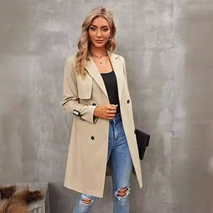 Classic double-breasted khaki trench coat for women featuring a stylish wide lapel and belt