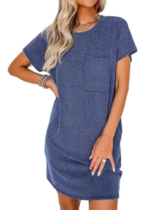 Close-up of navy blue waffle knit texture and pocket detail on short sleeve dress