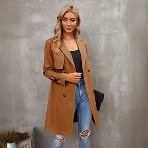 Classic brown double-breasted trench coat with wide lapels and adjustable cuffs for women