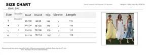 Detailed size chart for women's sleeveless maxi dress with fabric specs and measurements
