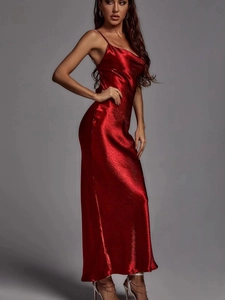 Elegant deep red satin slip maxi dress with backless design and slim fit for women