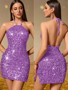 Robe Courte Sexy À Paillettes Dos Nu Et Licou Pour Femme Élégante Moulante Sans Manches Fête Soirée Banquet Anniversaire