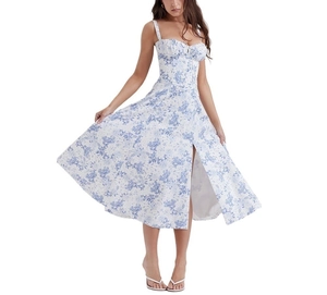 Detail of floral summer dress with sweetheart neckline, bustier cups and side leg slit