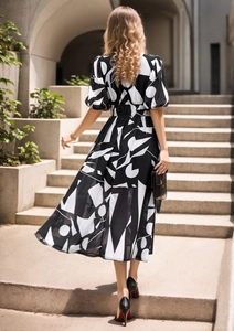 Back view of a chic V-neck midi dress with black and white geometric print and puffy sleeves