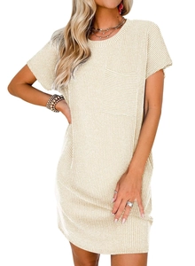 Detail view of round neck short sleeve striped dress featuring a functional chest pocket
