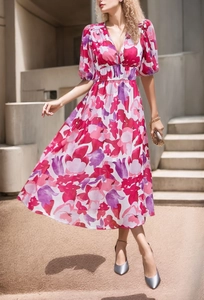 Detail of V-neck floral maxi dress featuring pink abstract patterns and puff sleeves