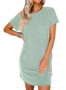 Detail of mint green waffle knit dress showing crew neck and square chest pocket