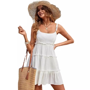 Elegant white Swiss dot tiered mini sun dress with thin straps for summer beach vacation