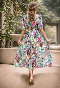 Rear view of a floral print summer dress with short sleeves and flowing skirt outdoors