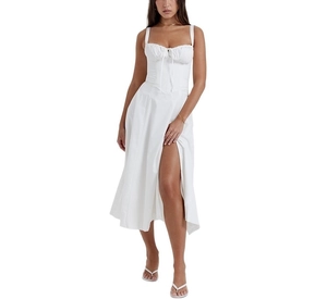 Detail of white corset floral maxi dress with high slit and vintage lace-up back
