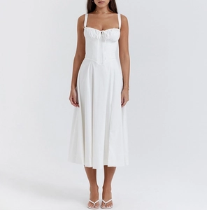 Detailed corset bodice and drawstring neckline on a white floral slit summer dress