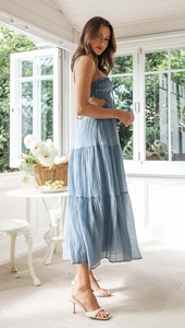Light blue tiered maxi dress with side waist cut-out and textured pleats detail
