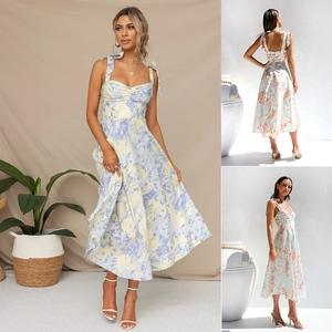 Damen Blumenmuster Midi Kleid Herz-Ausschnitt Gerafft Bindegurte Rückenfrei Schlanke Passform Elegant Sommerurlaub Kleid
