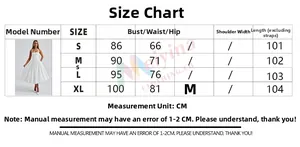 Detailed size chart for evening dress with bust and waist measurements in CM