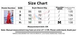 Size chart for red strapless evening gown showing measurements S to XL in centimeters