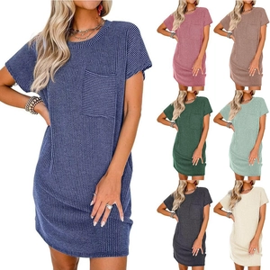 Women Casual Ribbed Knit Short Sleeve T-Shirt Dress With Pocket Round Neck Solid Color Loose Mini Dress