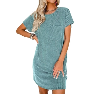 Women's summer short sleeve ribbed dress with round neck and chest pocket in teal blue