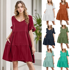 Women's Casual V-Neck Tiered Babydoll Dress Summer Short Ruffle Sleeve Loose A-Line Rayon Mini Dress With Pockets