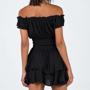Black off-shoulder Swiss dot dress with smocked waist and ruffled hem for women