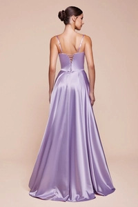 Detailed back view of light purple satin evening dress featuring crisscross lace-up straps