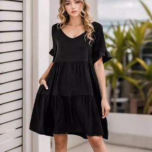 Women's black V-neck tiered babydoll dress with ruffle sleeves and side pockets