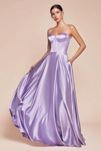 Detail of lavender satin evening gown with corset bodice and silk glossy A-line skirt