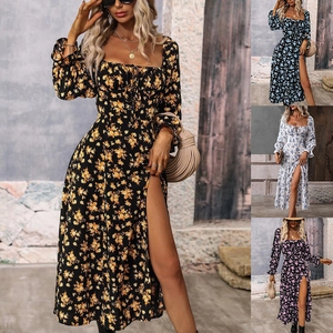 Women Bohemian Floral Print Maxi Dress Long Sleeve Backless Square Neck High Slit Sexy French Style Vacation Long Dress