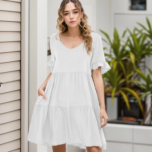 Summer V-neck white babydoll dress with ruffle sleeves and tiered layers for women
