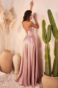 Detailed back view of pink satin evening dress with elegant lace-up cross straps