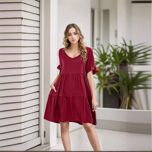 Deep burgundy V-neck tiered babydoll dress with ruffle short sleeves for summer fashion