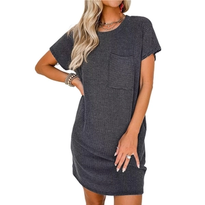 Women's casual dark grey ribbed short sleeve dress with crew neck and pocket detail