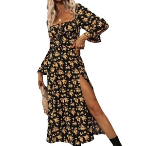 Bohemian floral long sleeve maxi dress with square neck and high side slit