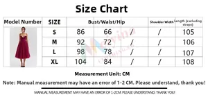 Size chart for backless evening dress showing S to XL bust and waist dimensions