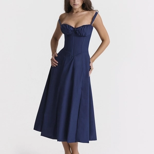 Dark blue corset midi dress with adjustable straps and a flowy A-line skirt for summer