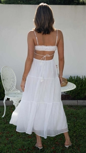 Detail of white backless tiered maxi dress showing delicate straps and lace-up back design