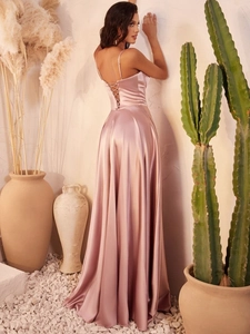 Pink satin long evening dress with spaghetti straps and criss-cross back detail
