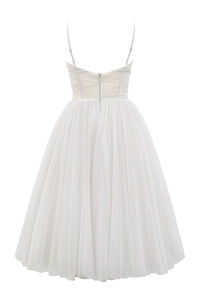 Detail of white backless tulle dress with pleated bodice and invisible back zipper