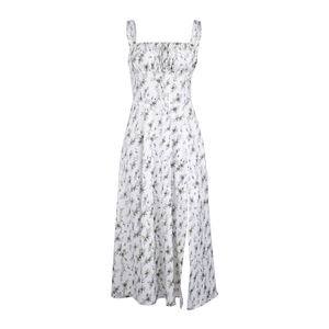 Floral summer dress in white and green with side slit and drawstring front detail
