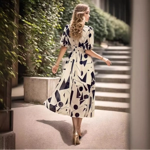 Elegant high-waisted floral midi dress with V-neck and puff sleeves in outdoor garden