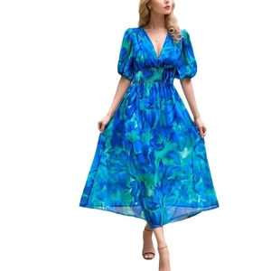 Floral print V-neck maxi dress with puff sleeves and elastic waist in blue and green