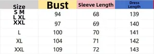 Tableau des tailles pour robe en satin à manches longues avec mesures du S au XXL