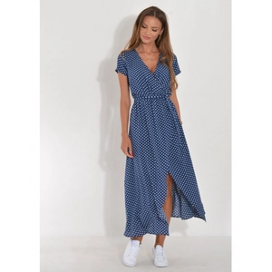 Women V-Neck Floral Polka Dot Wrap Dress Short Butterfly Sleeve High Waist Tie Belt A-Line Maxi Dress Summer Beach Party