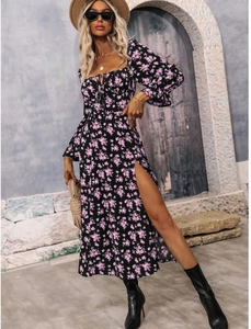 Floral maxi dress in black with pink-purple patterns and high slit detail